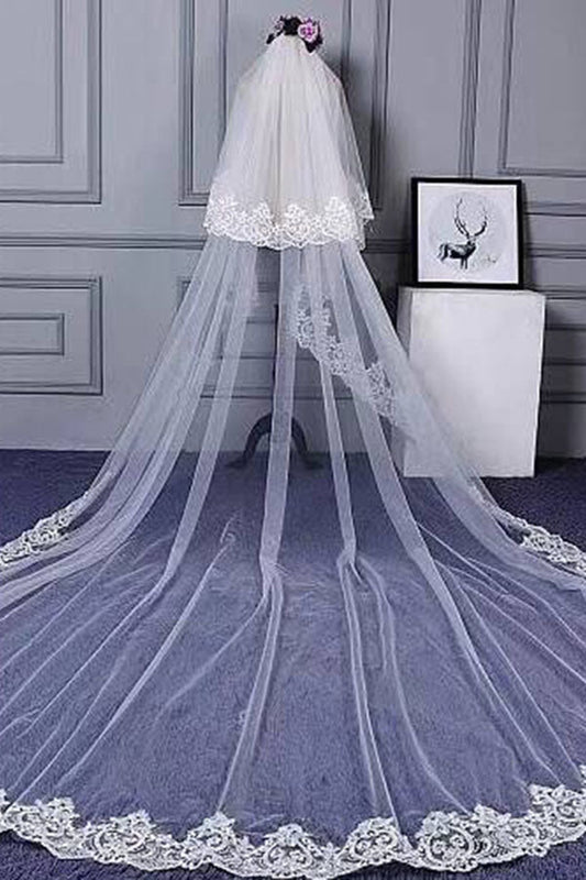 Roycebridal Charming Long Tulle Lace With Appliques Chapel Wedding Veil