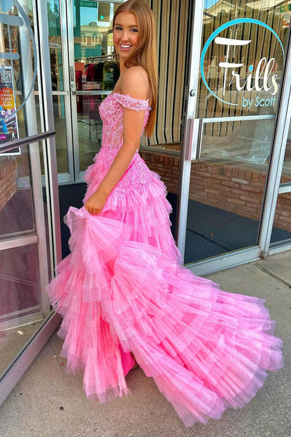 Roycebridal Off-the-Shoulder Pink Ruffle Tulle Long Prom Dress with Appliques