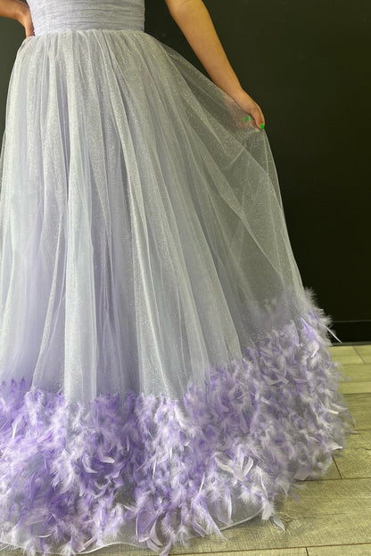 Roycebridal Lavender Strapless Pleated A-Line Prom Dress with Feathers