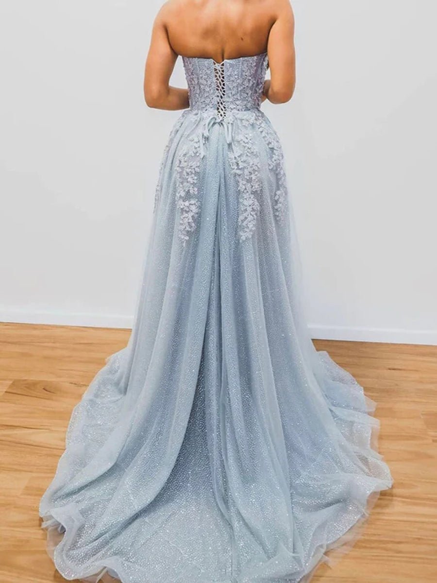 Jenna | A-Line Evening Gown Sparkle & Shine Dress Formal Court Train Sleeveless Sweetheart Tulle with Beading Slit Appliques