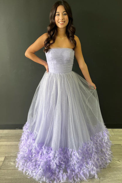 Roycebridal Lavender Strapless Pleated A-Line Prom Dress with Feathers