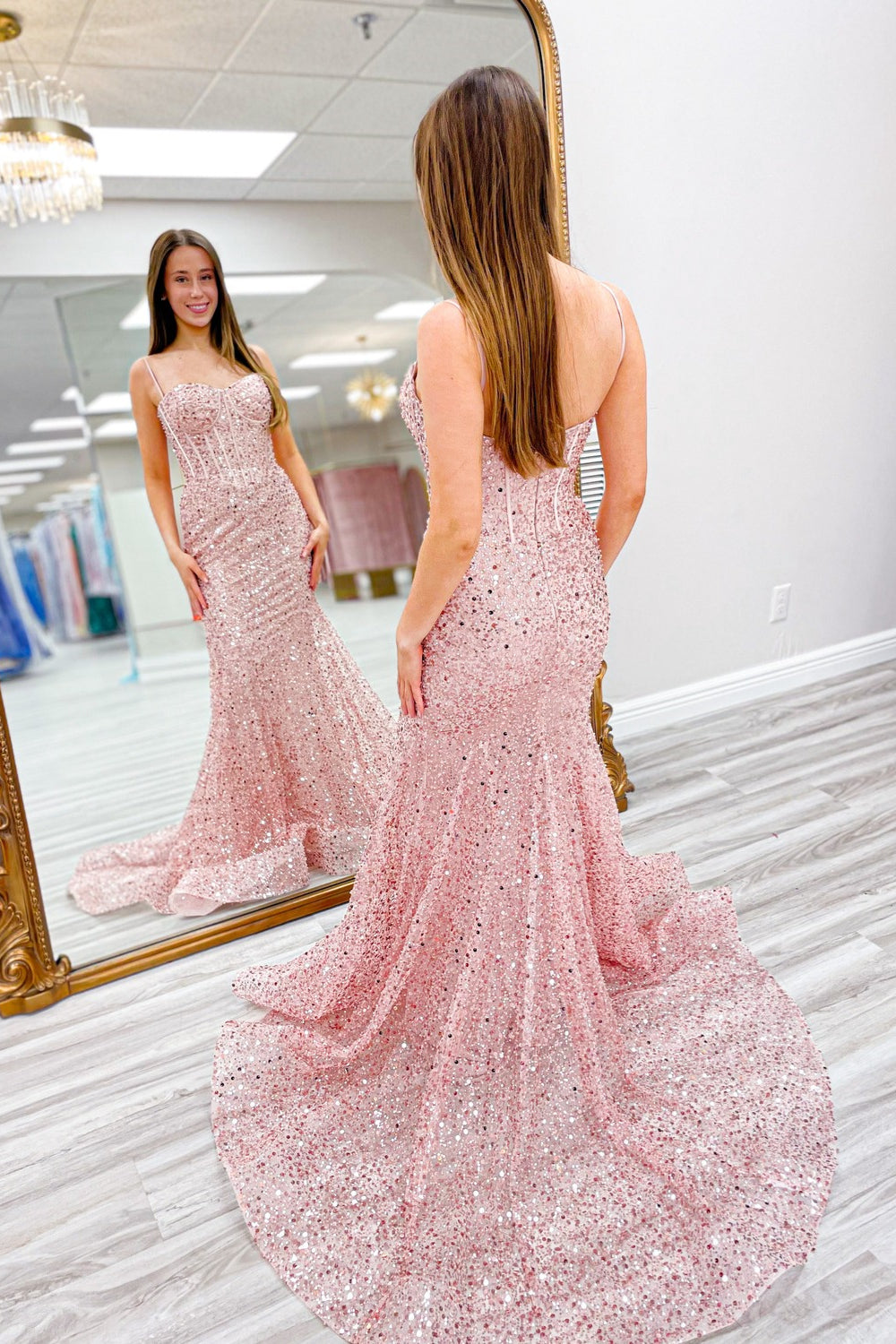 Roycebridal Nori | Pink Sequins Mermaid Spaghetti Straps Boning Long Prom Dress