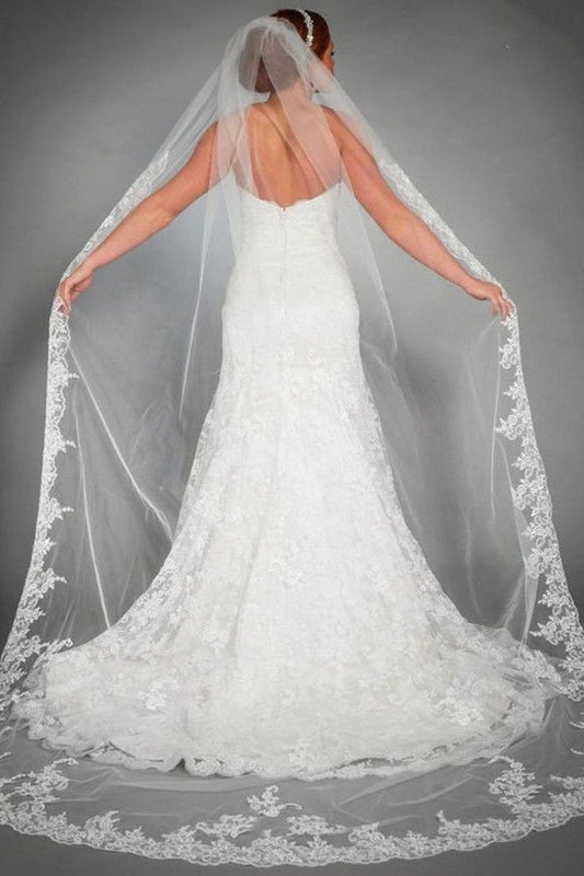 Roycebridal One Tier Lace Appliques Edge Cathedral Veil Long Wedding Veil