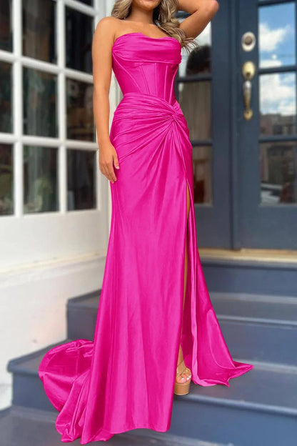 Roycebridal Nadia |Mermaid Strapless Satin Long Prom Dress With Slit