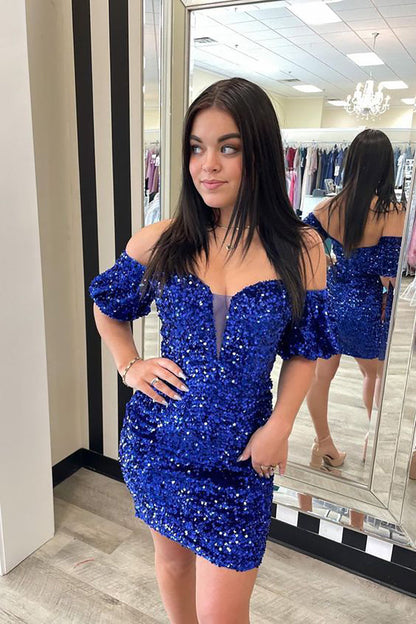 Sparkly Blue Off The Shoulder Sequins Short Homecoming Dresses