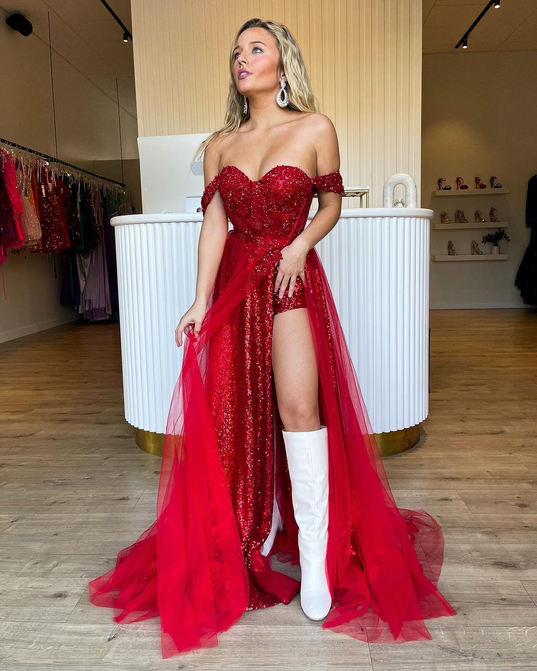 Roycebridal Ashlee | Sparkly Tow Piece Off the Shoulder Red Sequins Long Prom Dresses