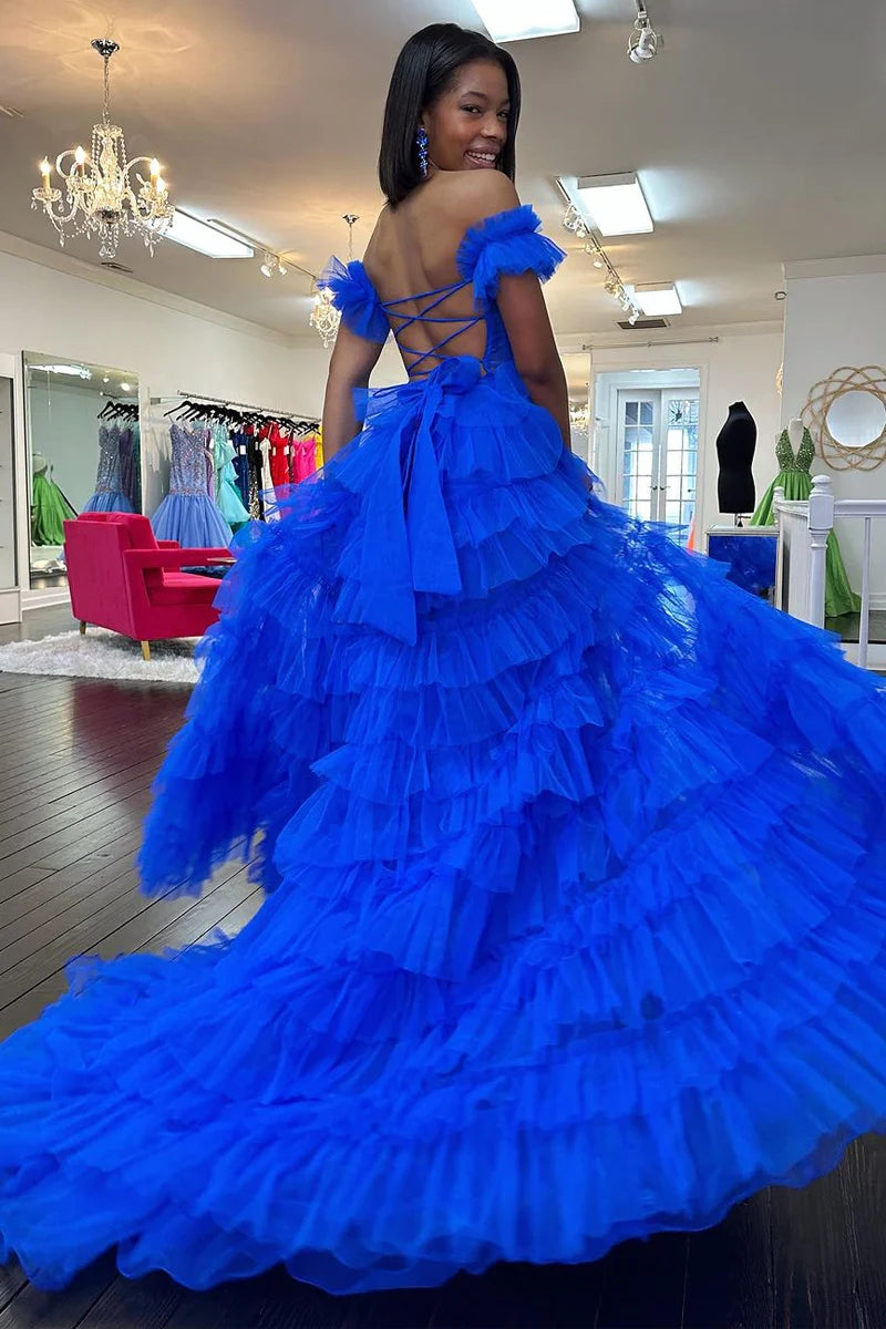 Roycebridal Adalynn | Royal Blue Off the Shoulder Ruffle Tiered Tulle Long Prom Dresses with Slit