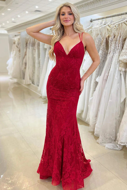 Roycebridal Elsa| Red Lace V Neck Mermaid Prom Dress