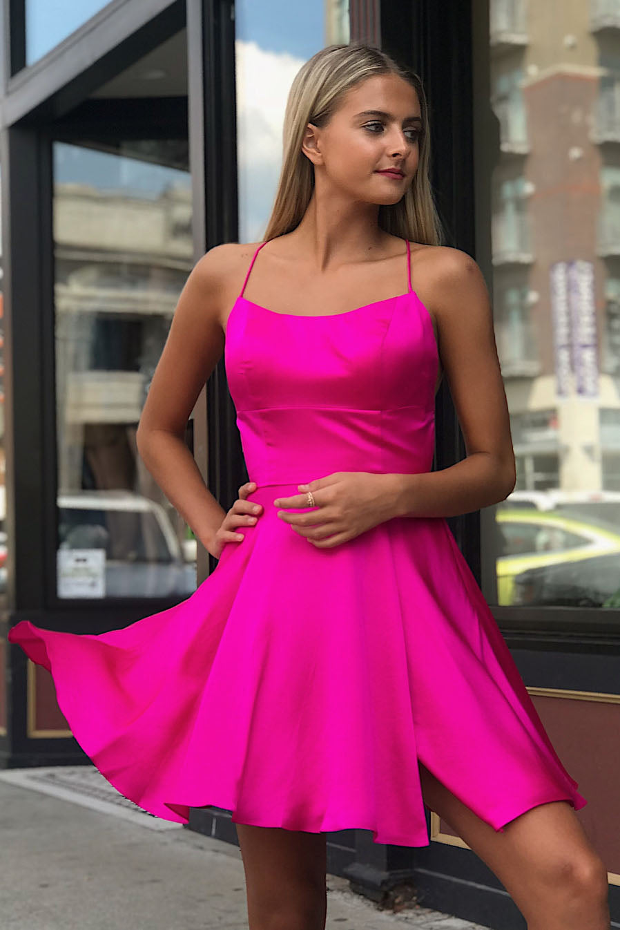 Gloria |A-line Spaghetti Straps Satin Homecoming Dress