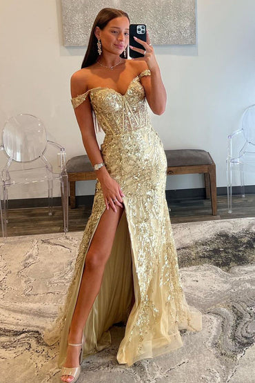 Roycebridal Soleil | Gold Sequin Lace Off the Shoulder Mermaid Prom Dress