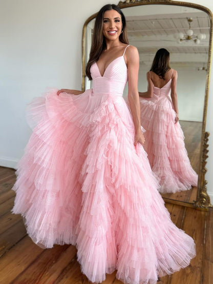 Roycebridal Alianna | Light Pink A-Line Tiered Spaghetti Straps Tulle Prom Dress