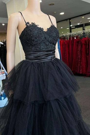 Roycebridal Multi-Tiered Black Straps A-Line Long Prom Dress