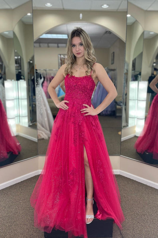 Roycebridal Lindsey | Fuchsia A-line Tulle Scoop Neckline Applique Slit Long Prom Dress