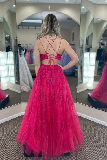 Roycebridal Lindsey | Fuchsia A-line Tulle Scoop Neckline Applique Slit Long Prom Dress