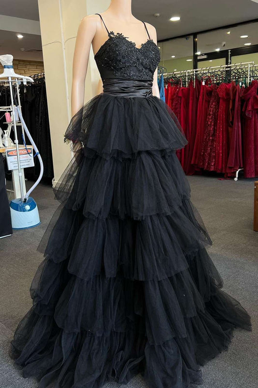 Roycebridal Multi-Tiered Black Straps A-Line Long Prom Dress