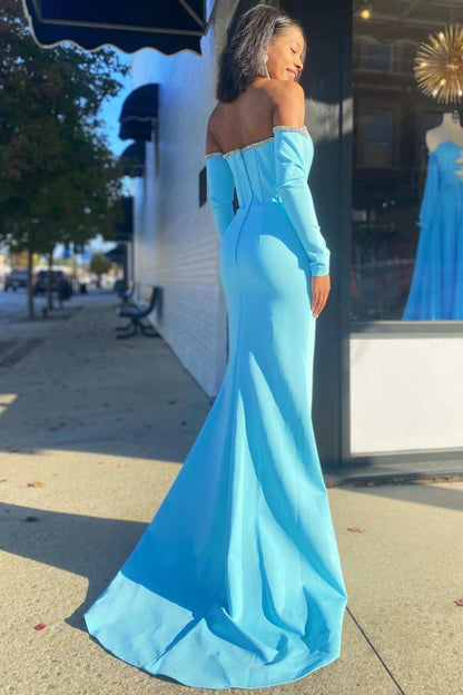 Aqua Off-the-Shoulder Long Sleeve Mermaid Formal Dress