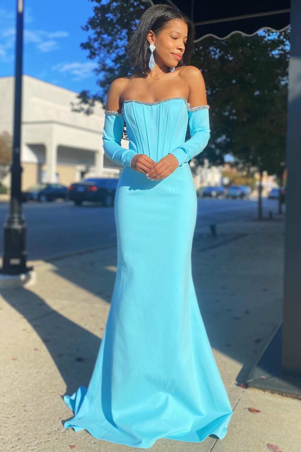 Aqua Off-the-Shoulder Long Sleeve Mermaid Formal Dress