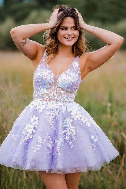 Davina | Lace Plunge V Backless A-Line Short Homecoming Dress