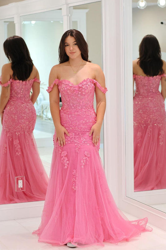 Roycebridal Suzanne | Pink Mermaid Off the Shoulder Tulle Long Prom Dress with Appliques