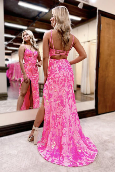 Roycebridal Pink Sweetheart Sequins Lace Mermaid Prom Dresses with Slit