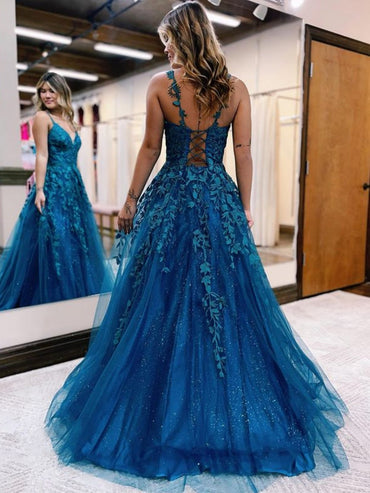 Roycebridal Veronica |A Line Ink Blue Glitter Tulle Lace Prom Dress