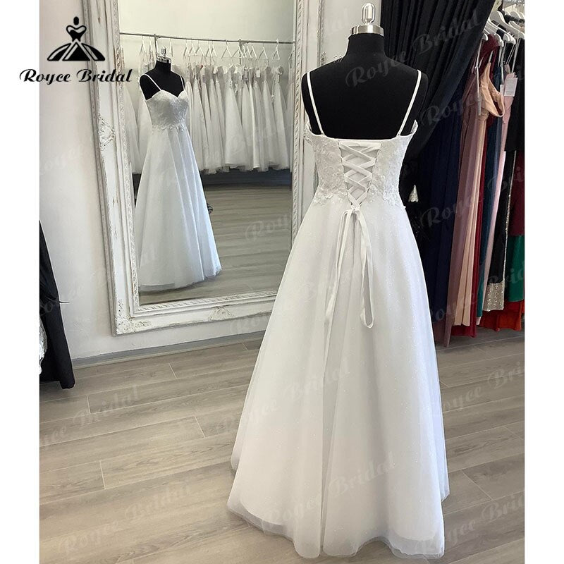 Roycebridal BRIDE,BRIDE EXPLORE All Wedding Dresses,BRIDE EXPLORE Custom Wedding Dresses 👗,BRIDE EXPLORE Plus SizeA Line Beach Lace Bodice V Neck Wedding Dress Floor Length Lace up Back 2025 Tulle Bridal Gown Vestido De Noiva Spaghetti Straps