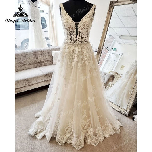 Roycebridal A Line Lace Appliques Sleeveless Deep V Neck Boho Wedding Dress Sweep Train 2025 Summer Beach Wedding Gowns Custom Made Elegant