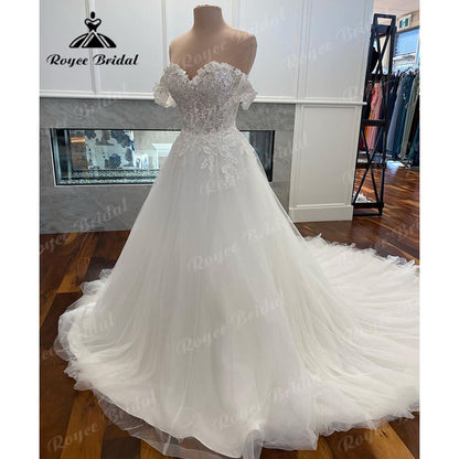 Roycebridal A Line Off the Shoulder Lace Floral Princess Cap Sleeve Wedding Dress 2025 Robe Mariee Wedding Gowns for Bride vestido de novia