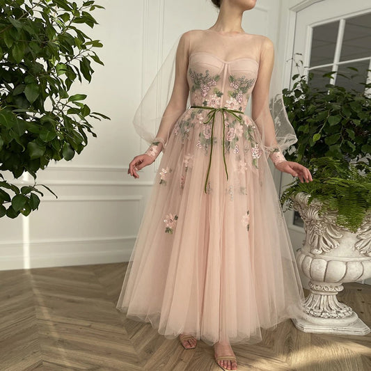 Roycebridal Meilani |A Line Scoop Long Sleeve Tulle Prom Dress with Floral Embroidery