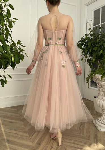 Roycebridal Meilani |A Line Scoop Long Sleeve Tulle Prom Dress with Floral Embroidery