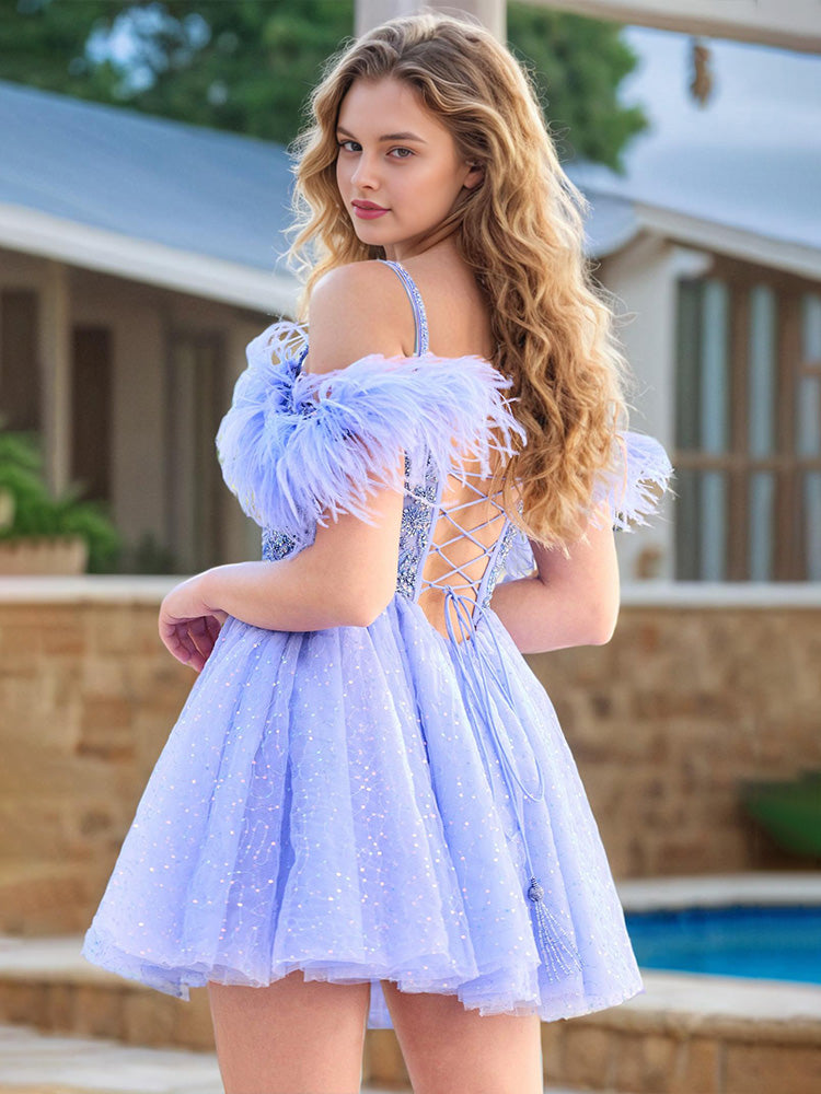 A-Line Off-the-shoulder Beading Tulle Homecoming Dresses with Feathers