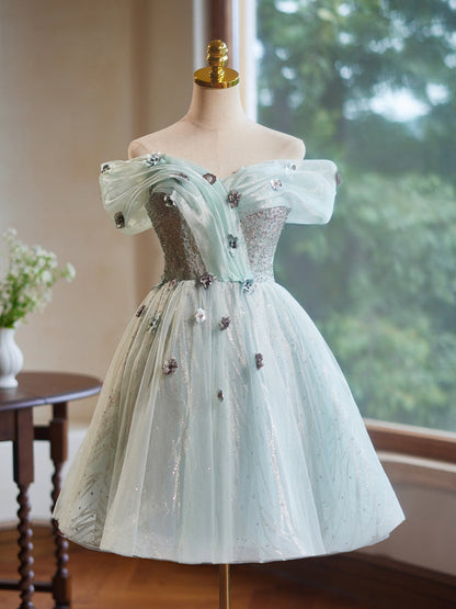 A-Line Off the Shoulder Tulle with Hand Made Flower Homecoming Dress