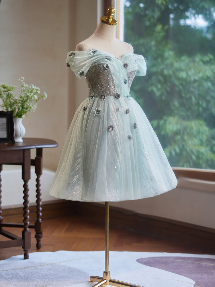 A-Line Off the Shoulder Tulle with Hand Made Flower Homecoming Dress