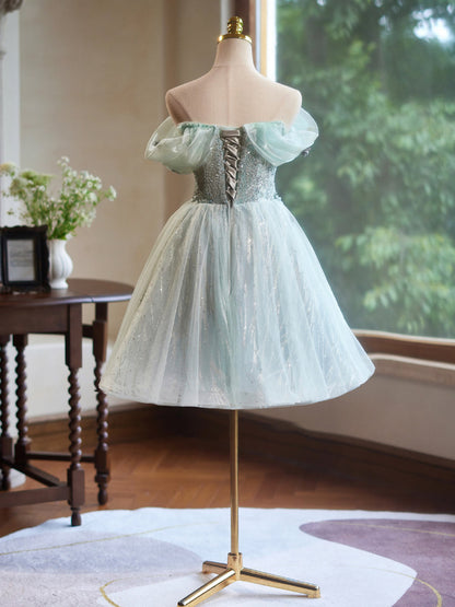 A-Line Off the Shoulder Tulle with Hand Made Flower Homecoming Dress