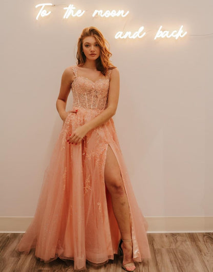 Roycebridal Rylie |A-Line Spaghetti Straps Glitter Tulle Prom Dress with Slit