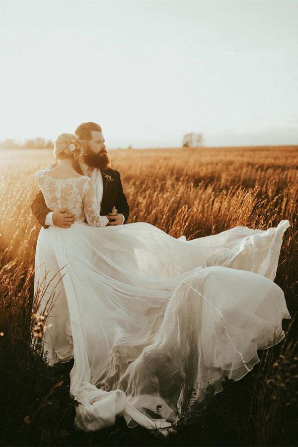 A-line 3/4 Sleeves See-through Bodice Wedding Dresses, Bridal Gown, MW831 | outdoor wedding dress | wedding dresses online | cheap wedding dresses online | musebridals.com