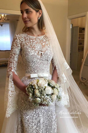 A-line Long Sleeves Floral Lace Wedding Dresses With Detachable Train, MW953 | vintage wedding dress | beach wedding dress | bohemian wedding dress | musebridals.com