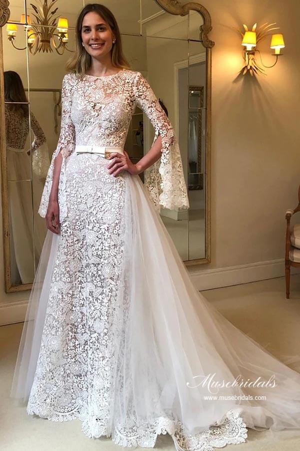 A-line Long Sleeves Floral Lace Wedding Dresses With Detachable Train, MW953 | cheap lace wedding dress | long sleeves wedding dress | wedding gown | musebridals.com