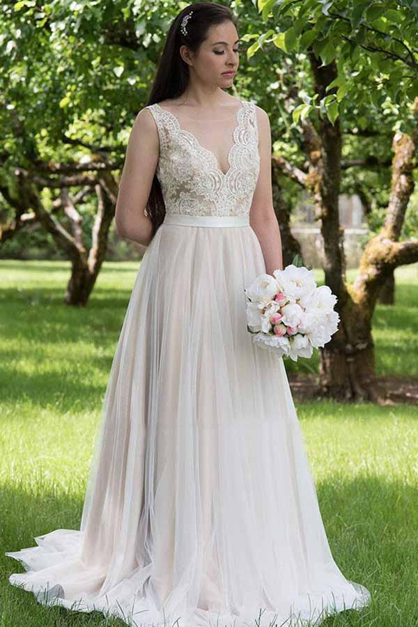 ​A-line V-neck Lace Top Tulle Skirt Beach Wedding Dresses, Wedding Gown, MW743 | bohemian wedding dress | cheap lace wedding dresses | summer wedding dresses | www.musebridals.com