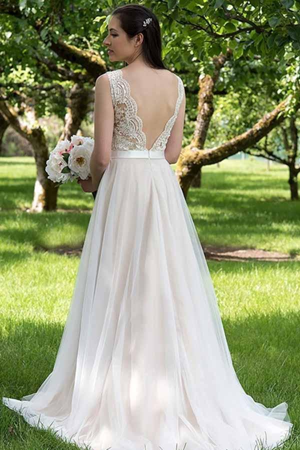 A-line V-neck Lace Top Tulle Skirt Beach Wedding Dresses, Wedding Gown, MW743 | country wedding dresses | outdoor wedding dresses | wedding dresses online | www.musebridals.com​