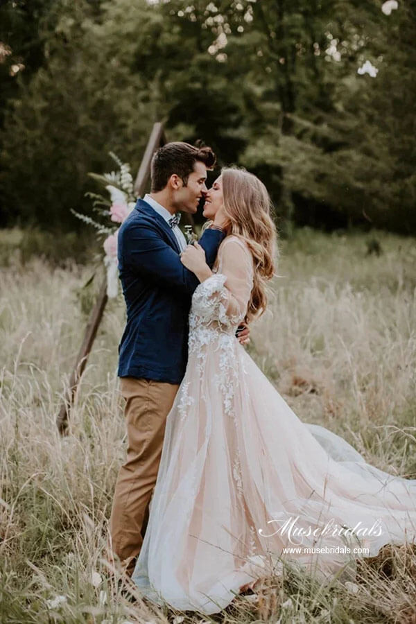 A-line V-neck Long Sleeves Beach Wedding Dresses With Lace Appliques, MW865 | outdoor wedding dress | wedding dress stores | bohemian wedding dresses | musebridals.com