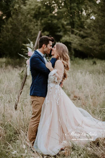 A-line V-neck Long Sleeves Beach Wedding Dresses With Lace Appliques, MW865 | outdoor wedding dress | wedding dress stores | bohemian wedding dresses | musebridals.com