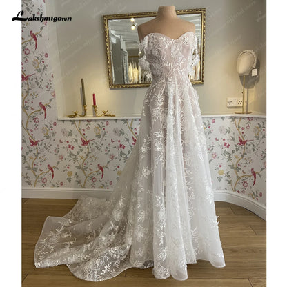 Roycebridal Off Shoulder A Line Wedding Dresses For Women  Lace Floral Bridal Gown Backless Summer Boho Robe De Mariee