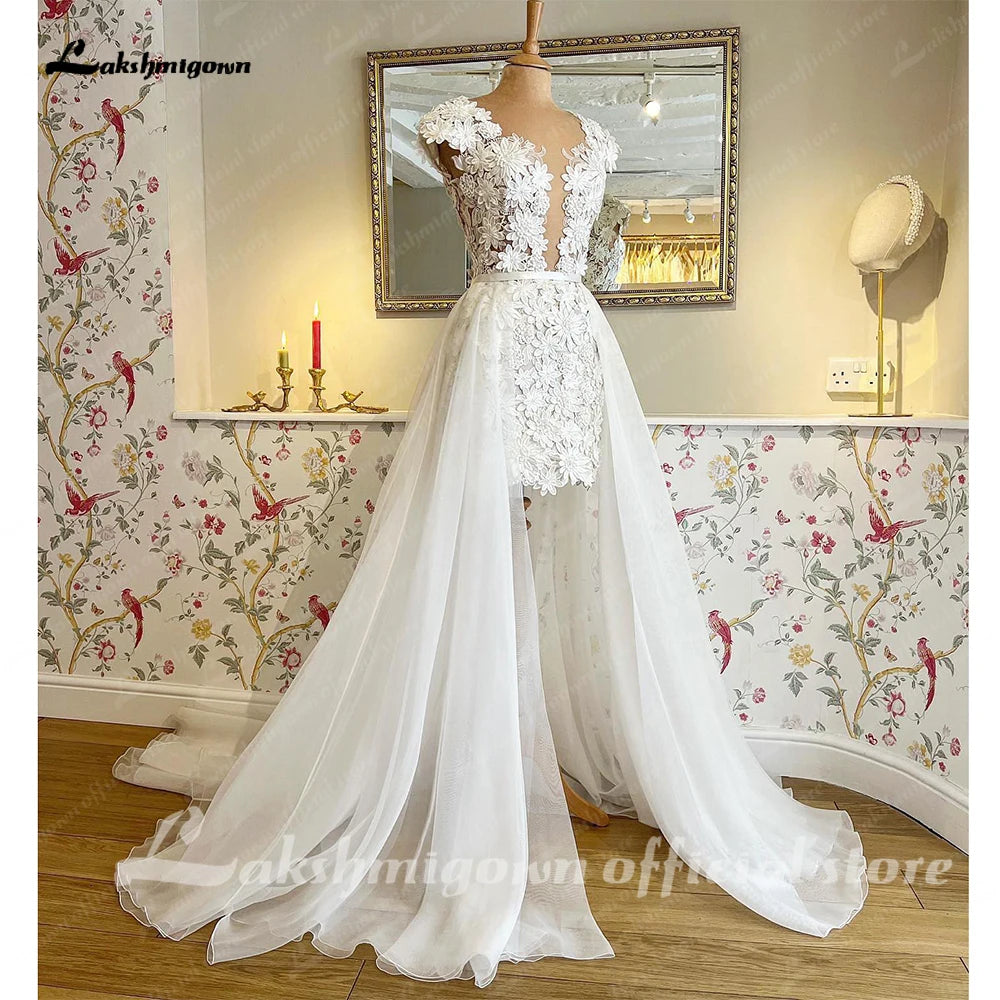 Roycebridal Elegant Ivory Short Wedding Dresses with Wedding Overskirt Detachable Train Tulle Bridal Skirt vestido de casamento