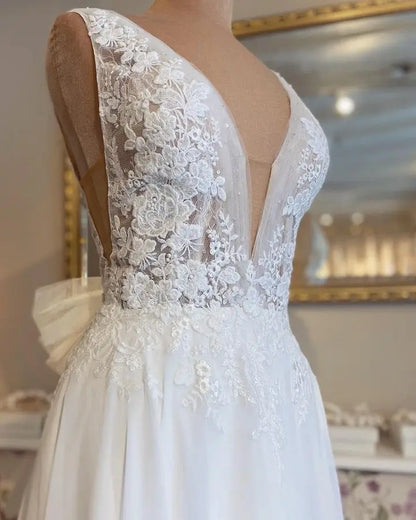 Roycebridal Lace Appliques Boho Chiffon Wedding Dress Deep V-neck A Line Sexy Women Civil Bridal  Wedding Gowns