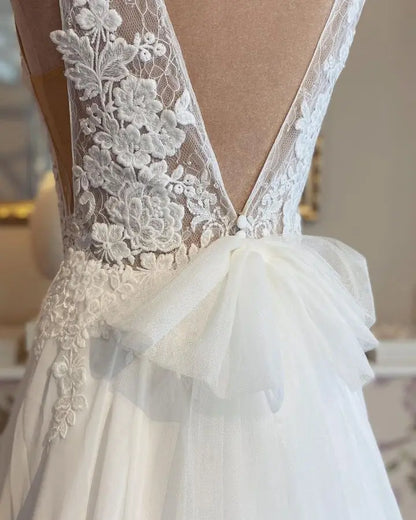 Roycebridal Lace Appliques Boho Chiffon Wedding Dress Deep V-neck A Line Sexy Women Civil Bridal  Wedding Gowns