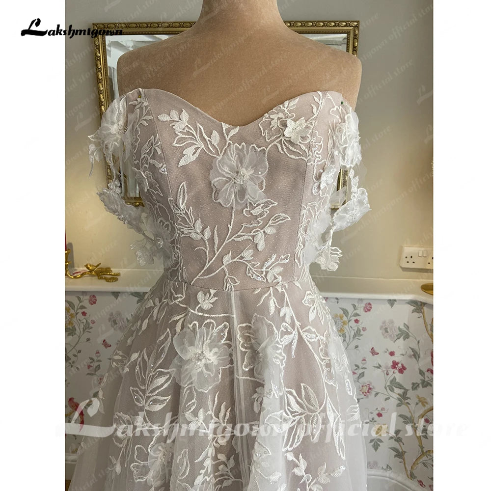 Roycebridal Off Shoulder A Line Wedding Dresses For Women  Lace Floral Bridal Gown Backless Summer Boho Robe De Mariee