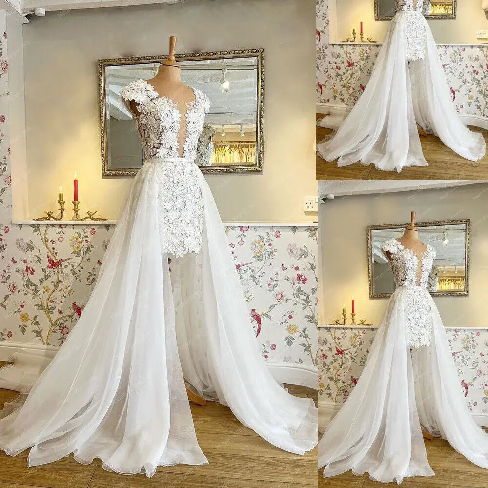 Roycebridal Elegant Ivory Short Wedding Dresses with Wedding Overskirt Detachable Train Tulle Bridal Skirt vestido de casamento