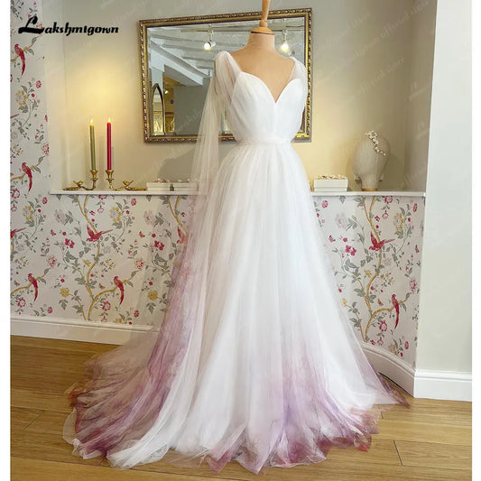 Roycebridal Roycebridal Print Flower Garden Tulle Wedding Dress with Cape Women Sleeveless A Line V Neck Wedding Gowns for Bridal