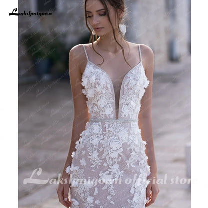 Roycebridal Sexy Mermaid Deep V-Neck Spaghetti Straps Beading Crystal Sashes 3D Appliques Vestido De Novia Bridal Gowns